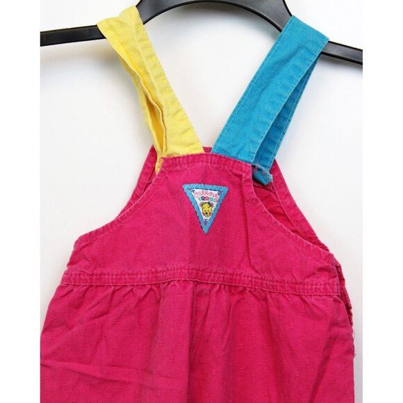 Vtg 90s Oshkosh Pink Colorblock Overalls girls 2T Dancing Bear Woven Flower USA - Picture 7 of 11